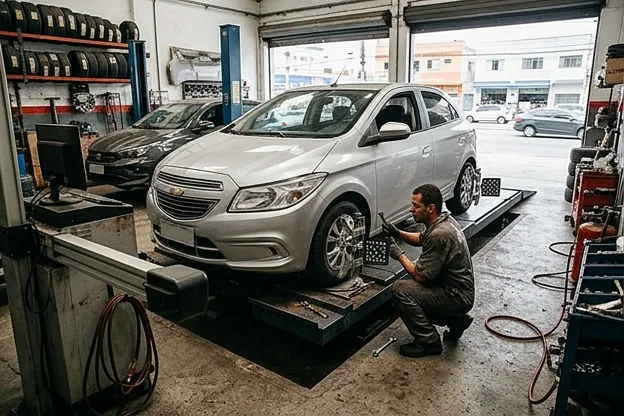 Carro alinhado em equipamento específico, garantindo a segurança na condução.