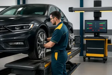 Carro sendo alinhado em uma borracharia usando equipamento especializado.