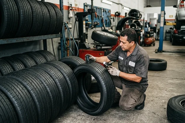 Pneus em perfeito estado, sendo avaliados por um profissional em uma borracharia.