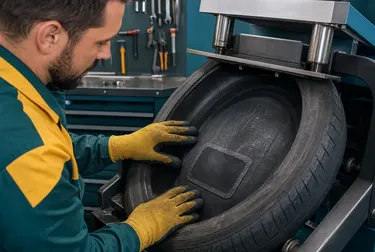 Profissional em processo de vulcanização de um pneu em uma borracharia.