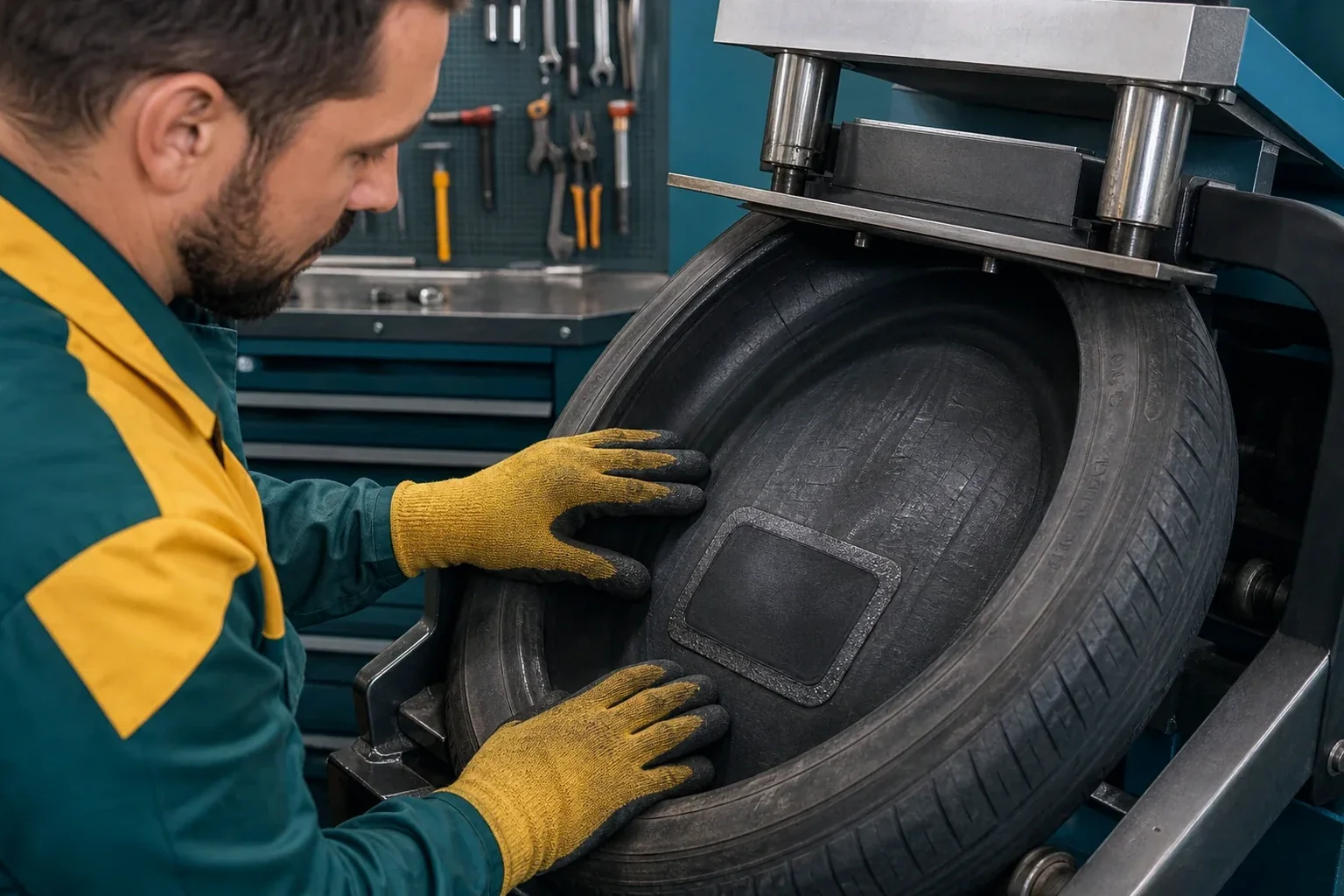 Profissional em processo de vulcanização de um pneu em uma borracharia.
