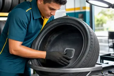 Profissional realizando o conserto de um pneu em uma borracharia.