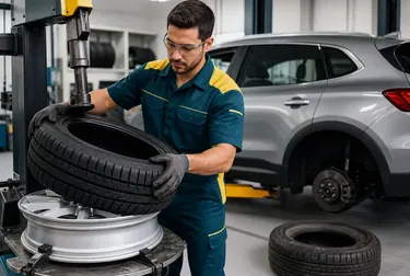 Profissional trocando um pneu de veículo na borracharia.